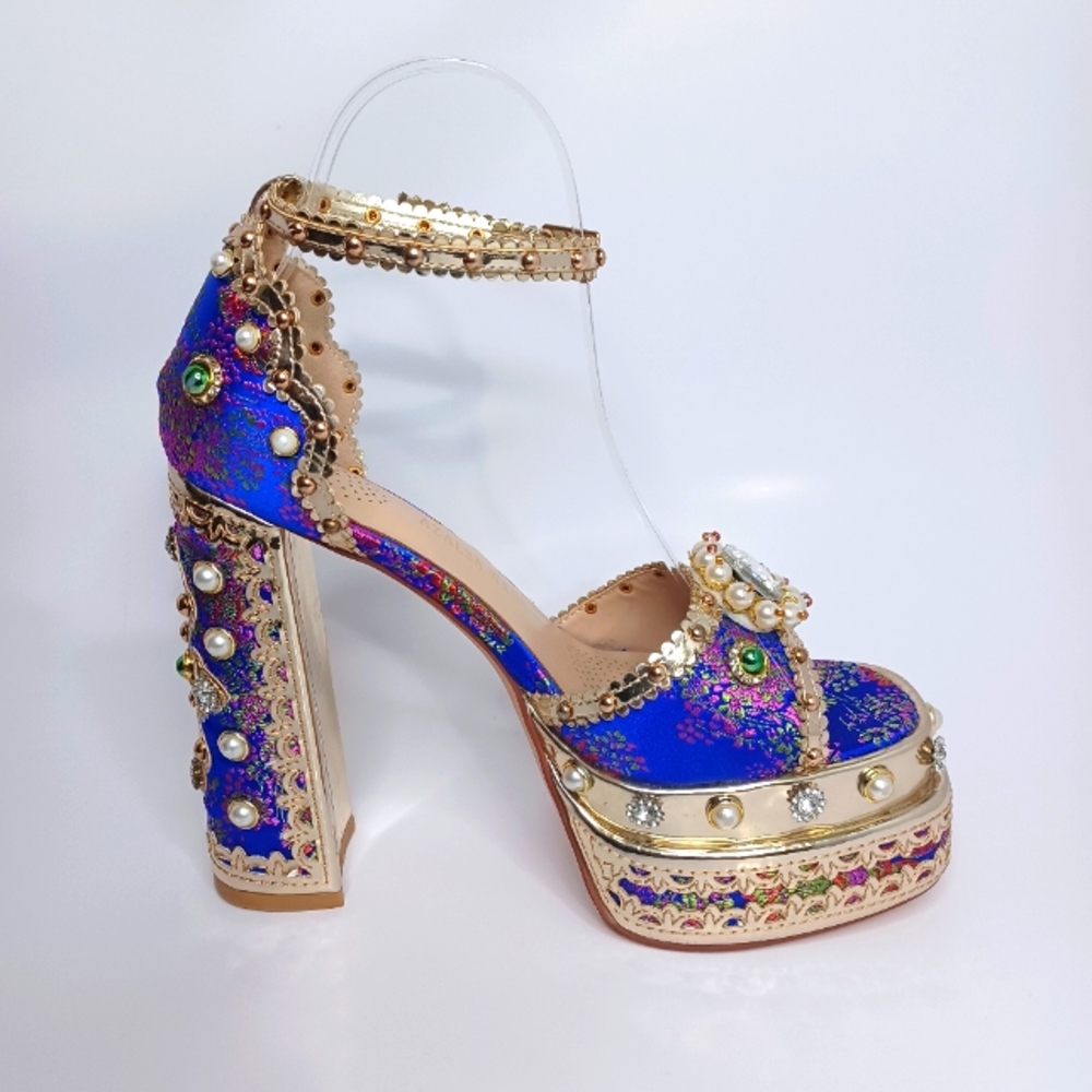 Elegant Blue and Gold Embellished Women's Heels